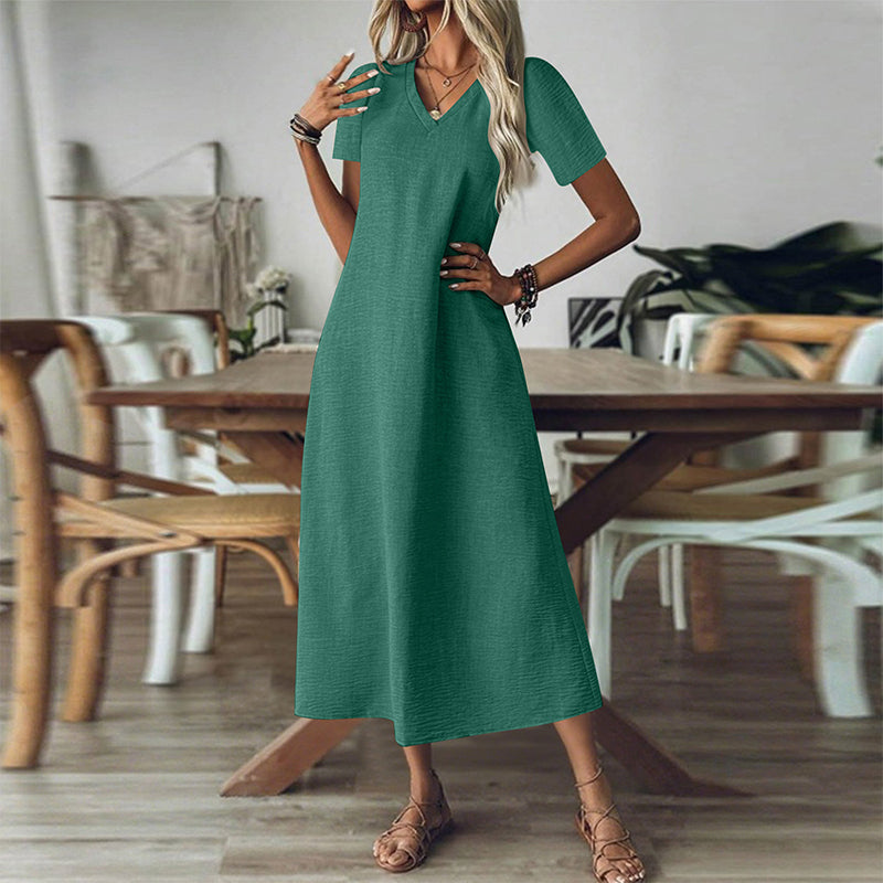 Tivona - Robe maxi femme col V avec manches courtes