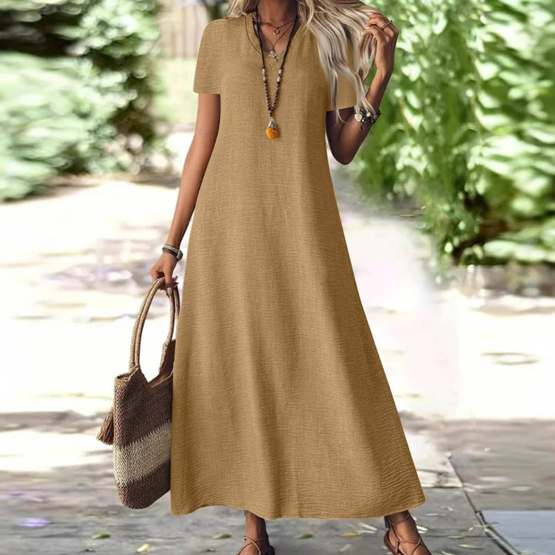 Tivona - Robe maxi femme col V avec manches courtes