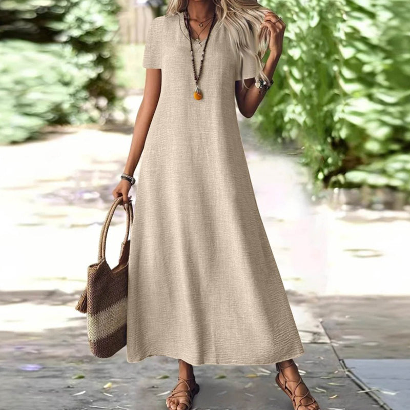 Tivona - Robe maxi femme col V avec manches courtes