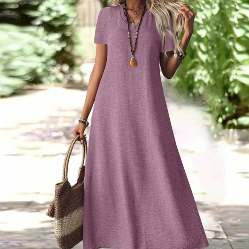 Tivona - Robe maxi femme col V avec manches courtes
