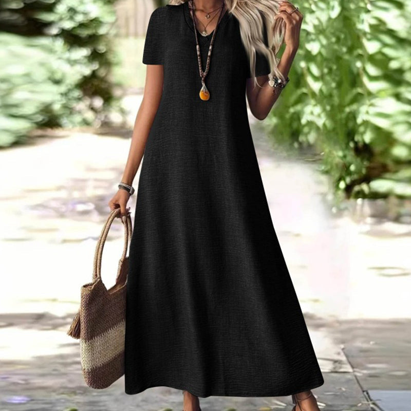 Tivona - Robe maxi femme col V avec manches courtes