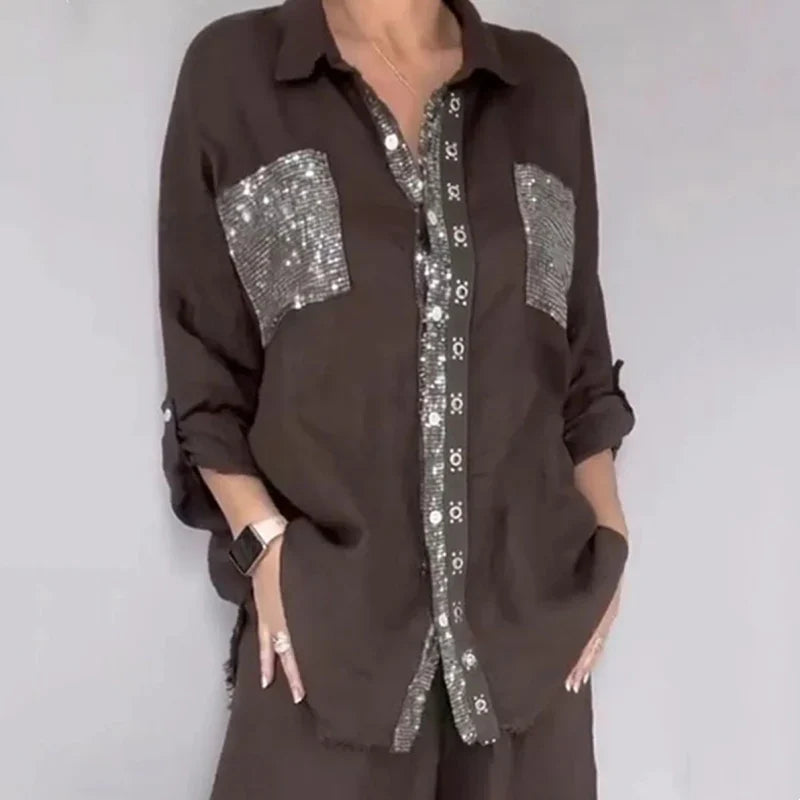 Elvara - Ensemble femme blouse et pantalon avec paillettes