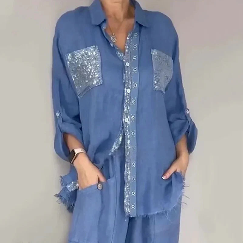 Elvara - Ensemble femme blouse et pantalon avec paillettes