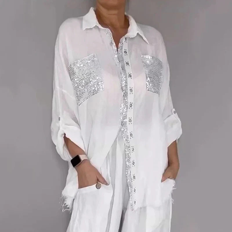 Elvara - Ensemble femme blouse et pantalon avec paillettes