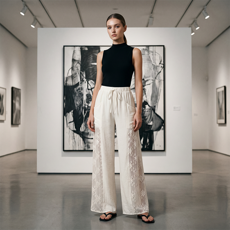 Hylisse - Pantalon femme fluide avec dentelle et cordon