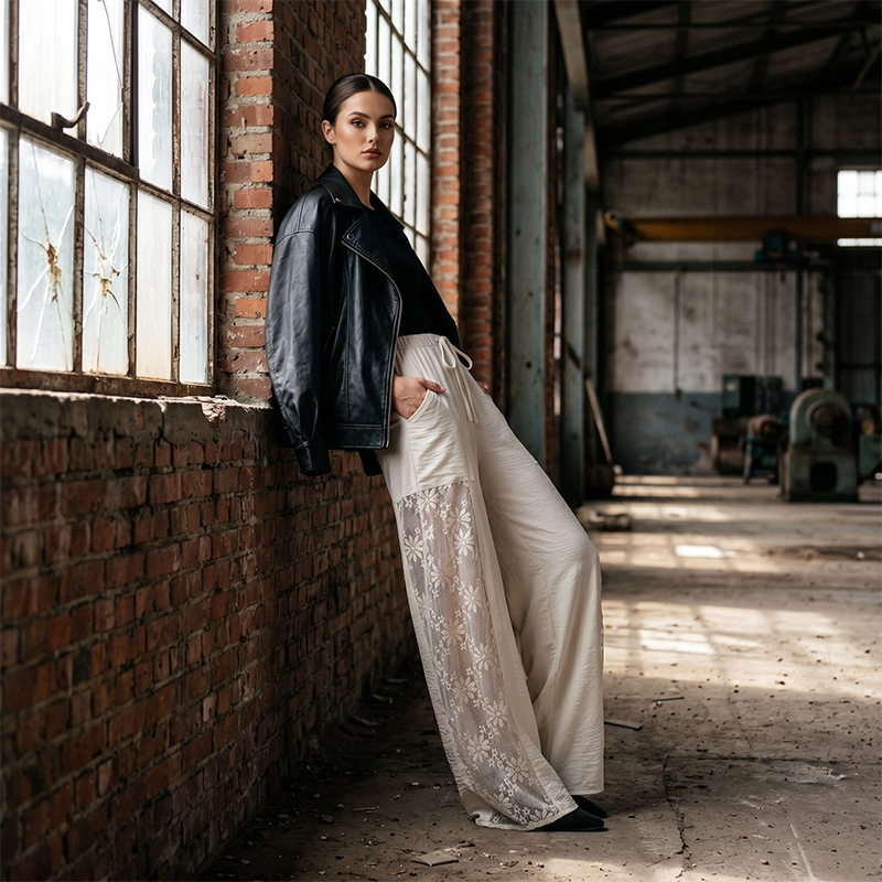 Hylisse - Pantalon femme fluide avec dentelle et cordon