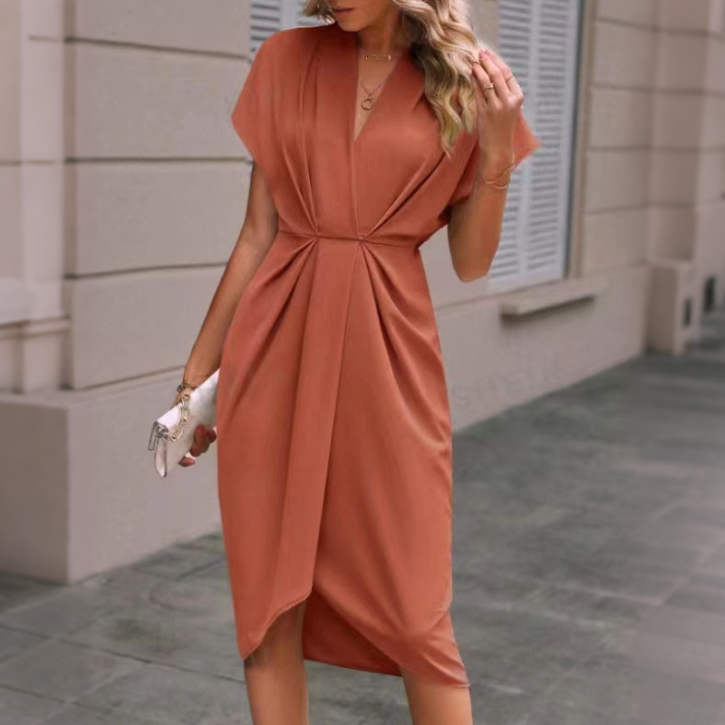 Saelith - Robe femme élégante à col V et taille plissée