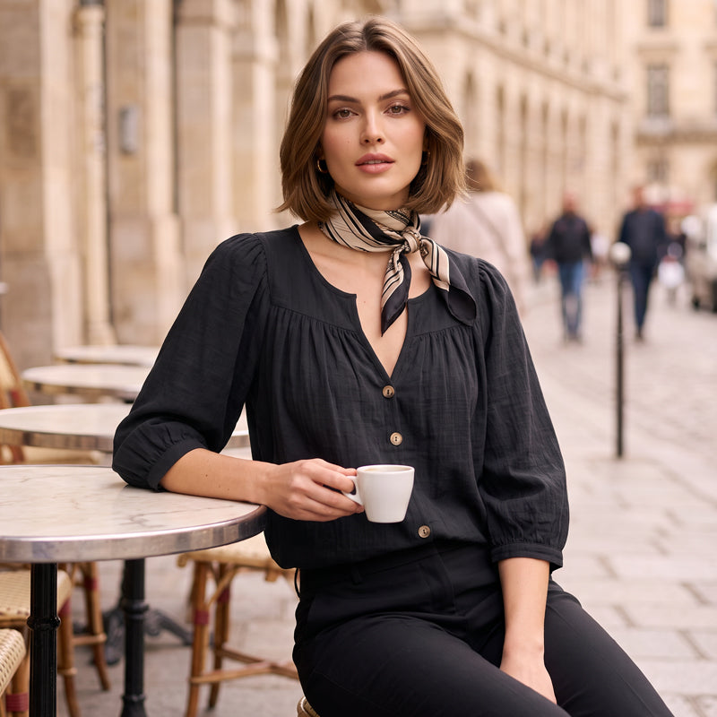 Loriane - Blouse femme col V avec manches 3/4 boutonnées