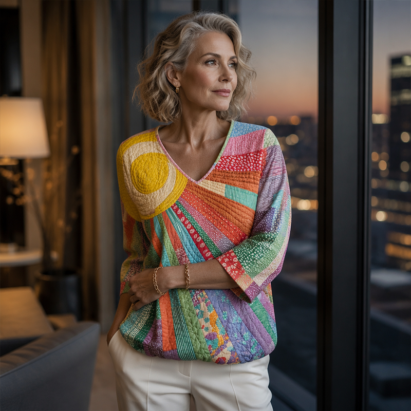 Cecily - Blouse femme patchwork rétro à col V