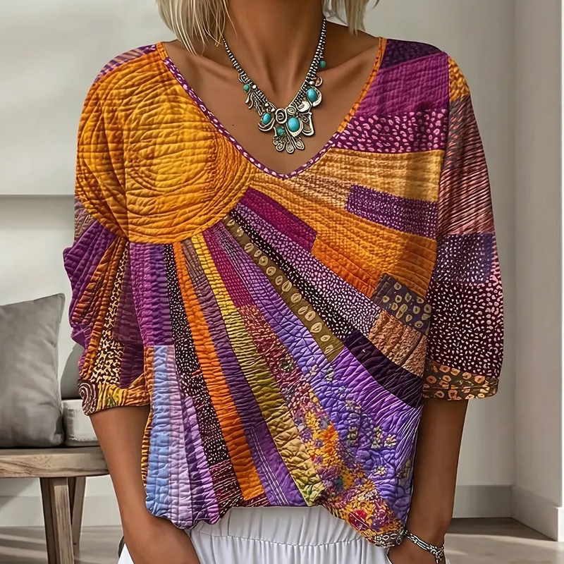 Cecily - Blouse femme patchwork rétro à col V