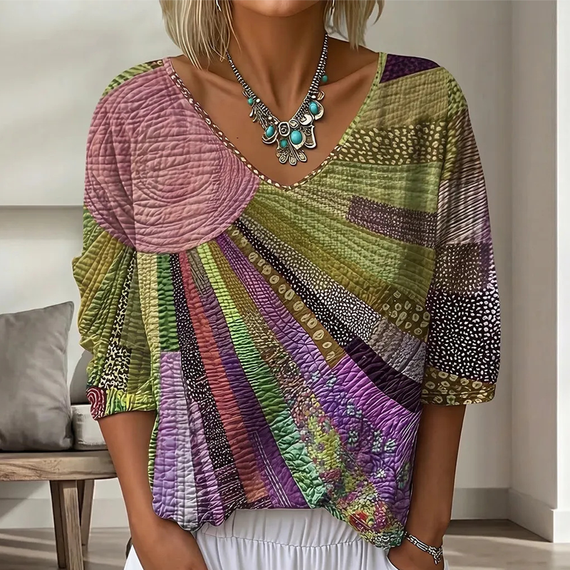 Cecily - Blouse femme patchwork rétro à col V