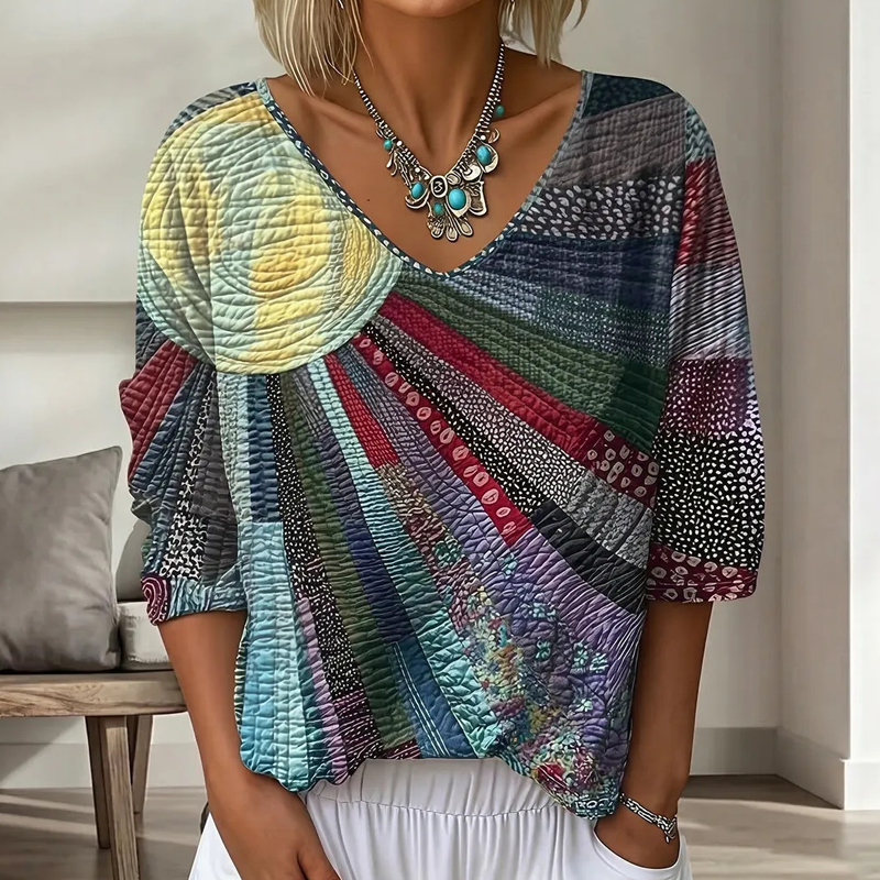 Cecily - Blouse femme patchwork rétro à col V