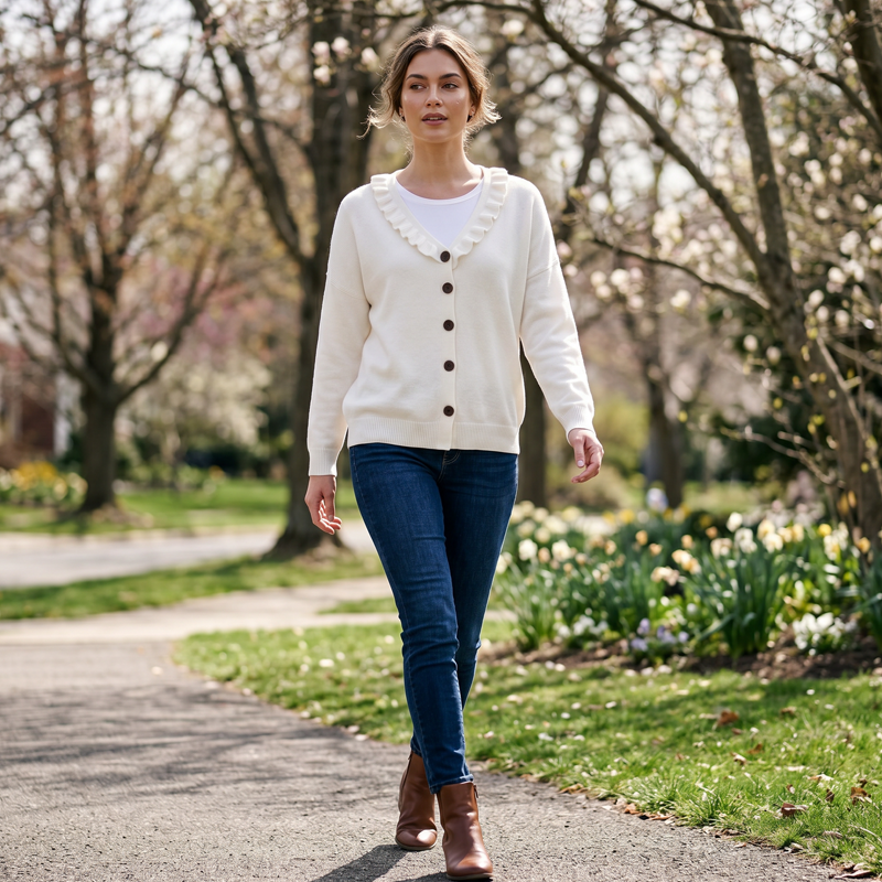 Neeltje - Cardigan femme boutonné en maille avec col volanté