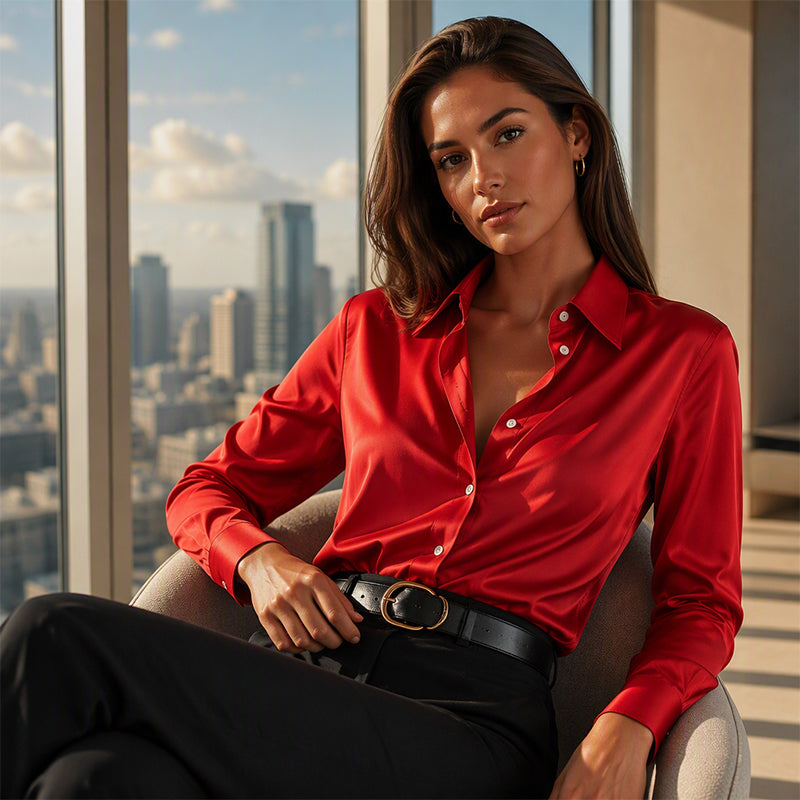 Zosja - Blouse femme satinée à manches longues et col chemise