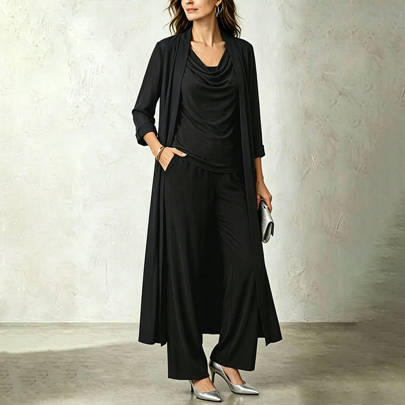 Élodine - Ensemble trois pièces femme avec cardigan long et pantalon fluide