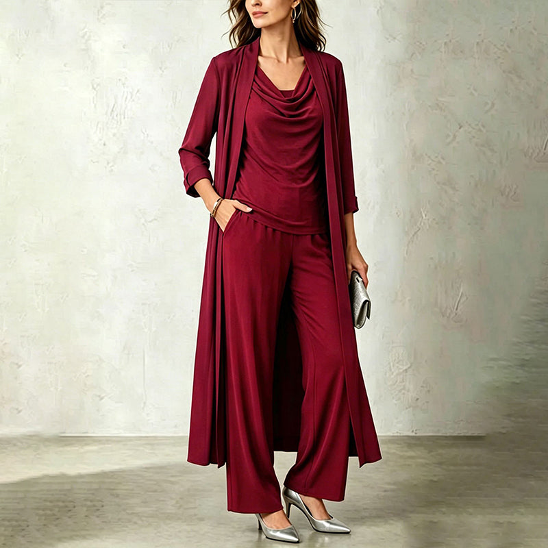 Élodine - Ensemble trois pièces femme avec cardigan long et pantalon fluide