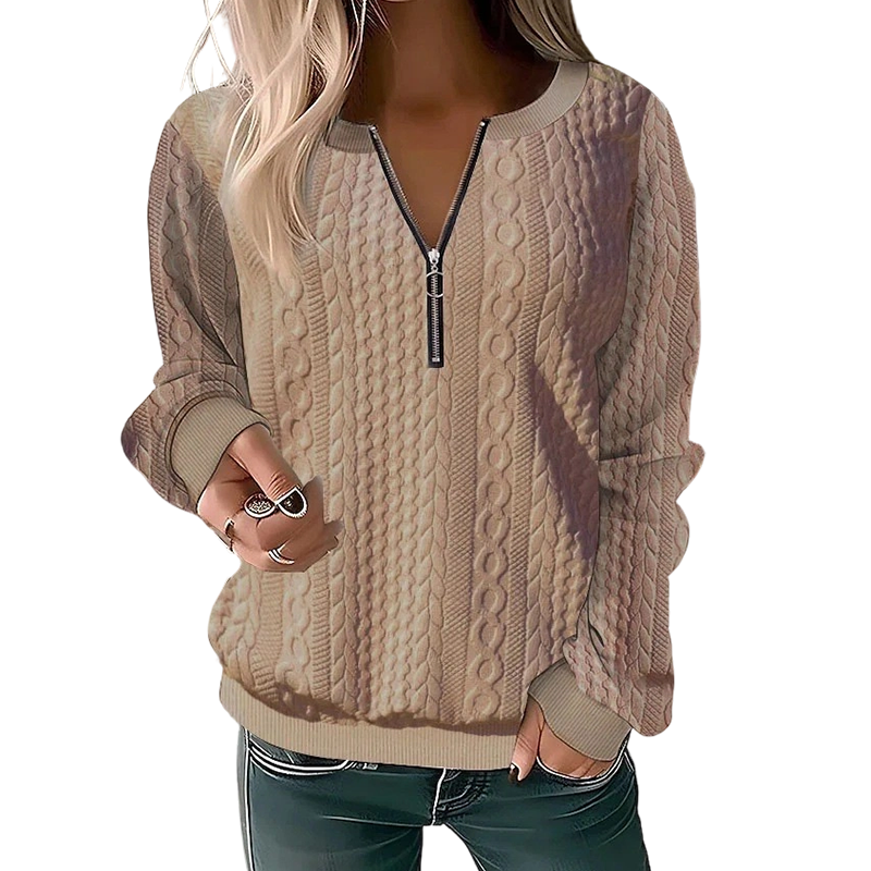 Jeannette - Sweat femme en maille torsadée avec demi-zip
