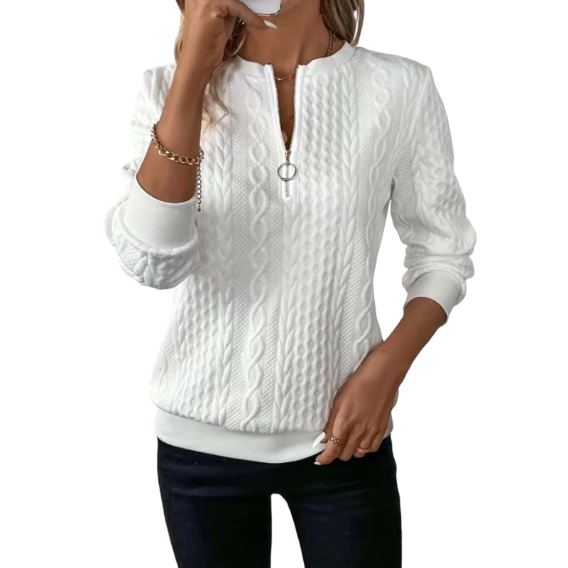 Jeannette - Sweat femme en maille torsadée avec demi-zip