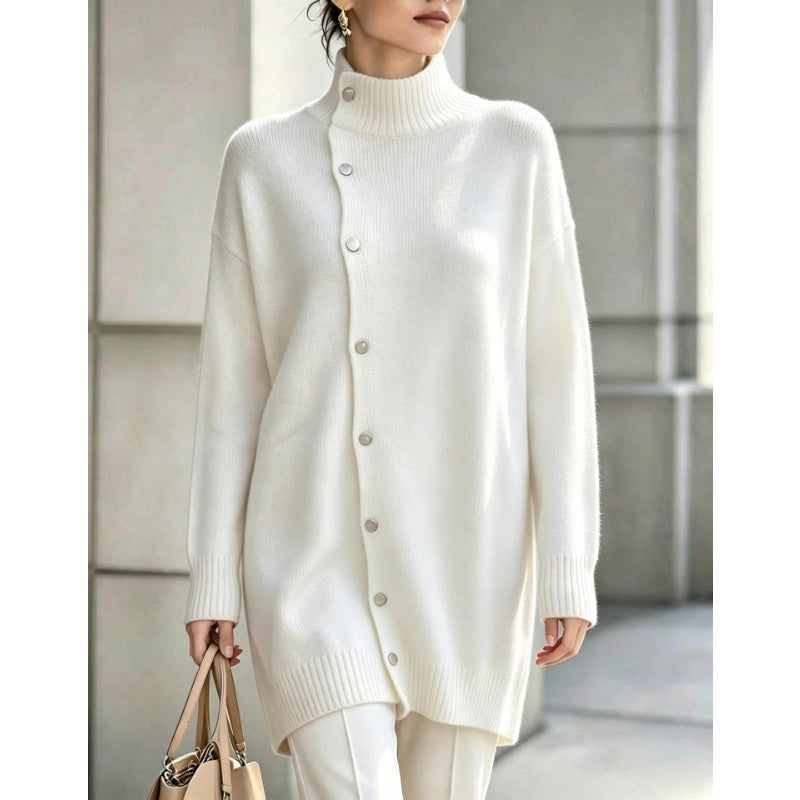 Clarinde - Pull femme en maille à col roulé avec boutons asymétriques