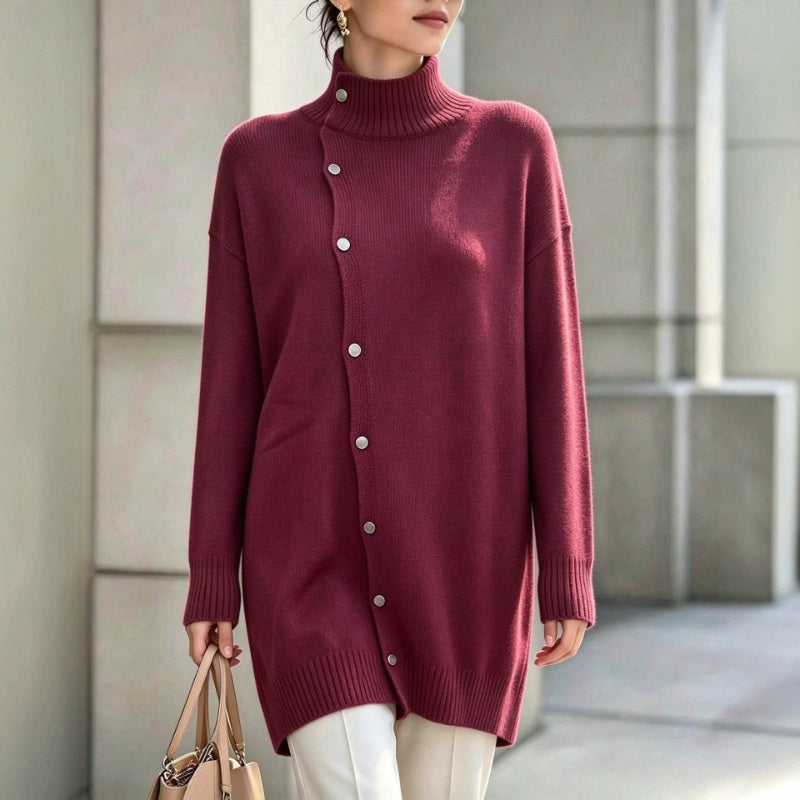 Clarinde - Pull femme en maille à col roulé avec boutons asymétriques