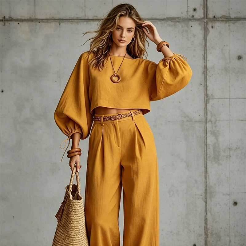 Maïwenn - Ensemble femme avec haut court et pantalon large fluide