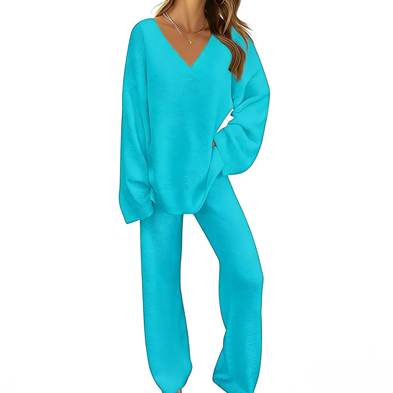 Sabien - Ensemble en maille femme avec pull col V et pantalon large