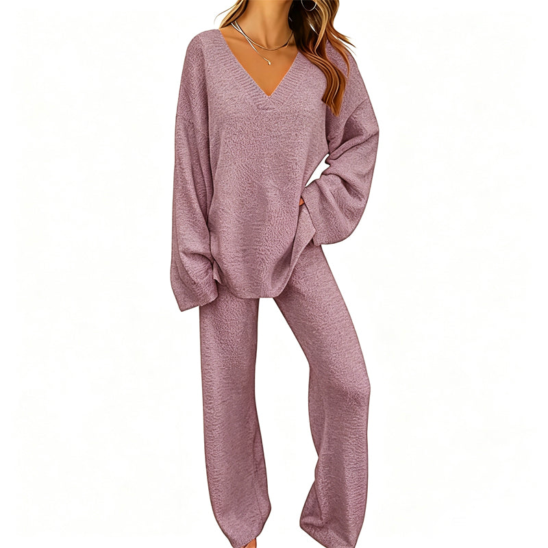 Sabien - Ensemble en maille femme avec pull col V et pantalon large