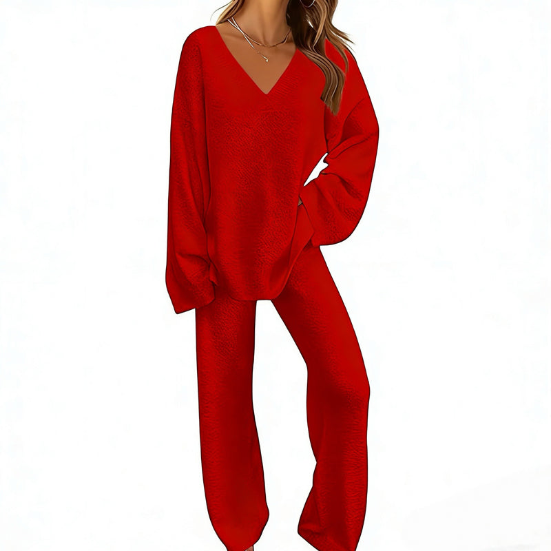 Sabien - Ensemble en maille femme avec pull col V et pantalon large
