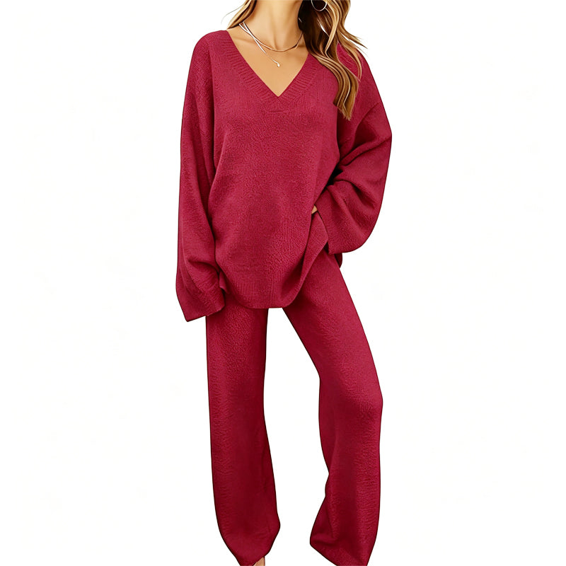Sabien - Ensemble en maille femme avec pull col V et pantalon large