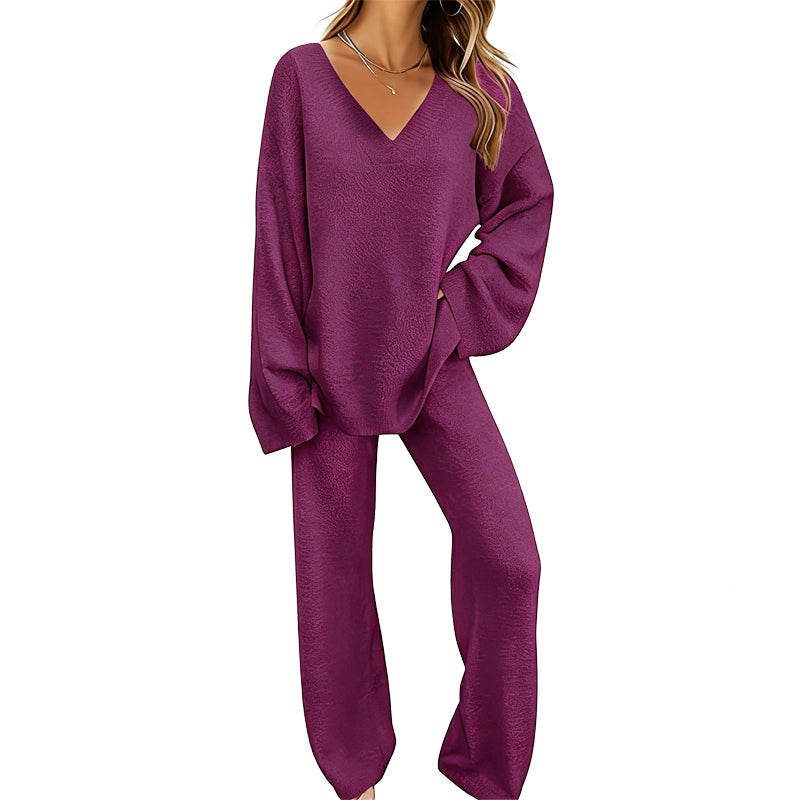 Sabien - Ensemble en maille femme avec pull col V et pantalon large