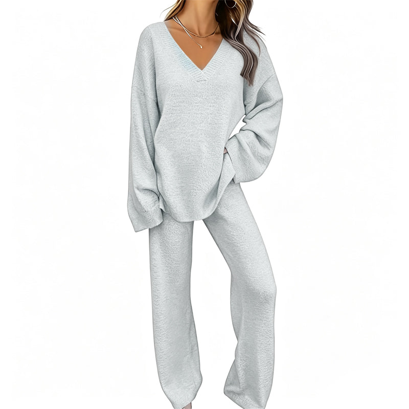 Sabien - Ensemble en maille femme avec pull col V et pantalon large