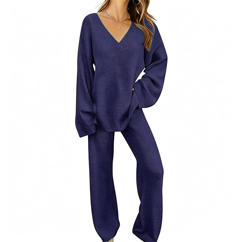 Sabien - Ensemble en maille femme avec pull col V et pantalon large