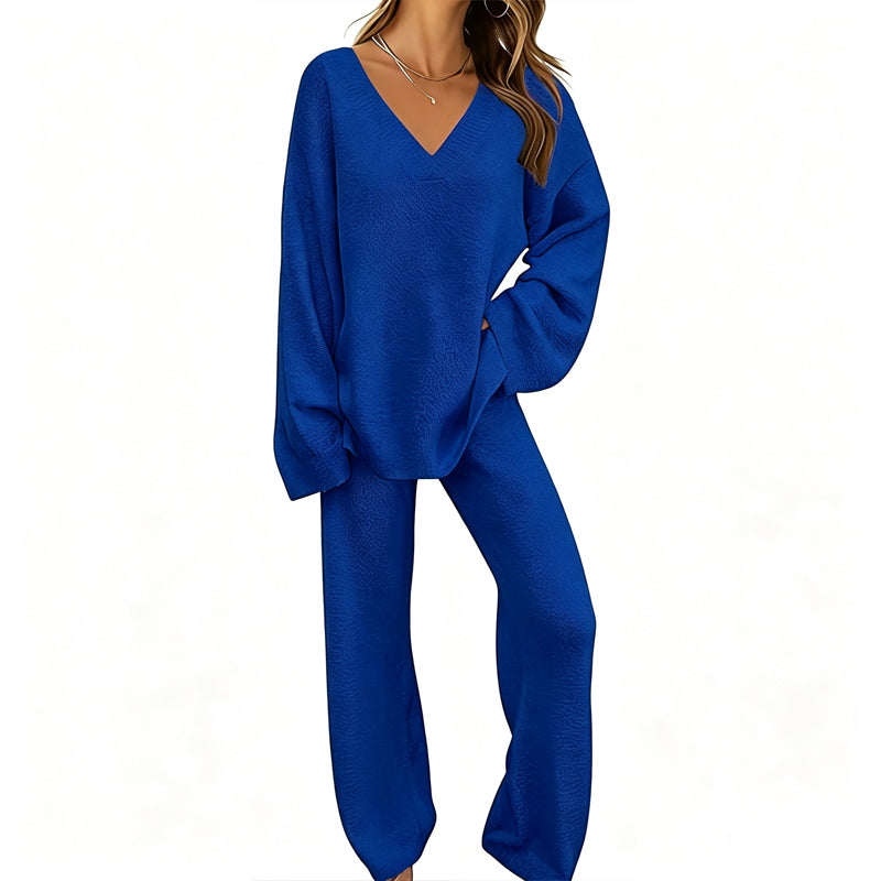 Sabien - Ensemble en maille femme avec pull col V et pantalon large