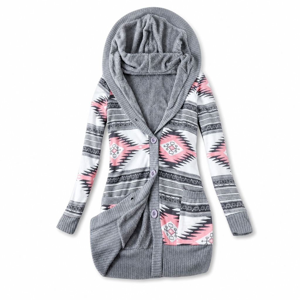 Janke - Cardigan long femme à capuche en maille jacquard et boutons