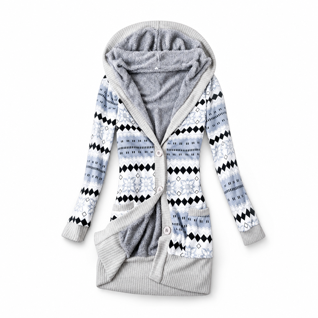Janke - Cardigan long femme à capuche en maille jacquard et boutons
