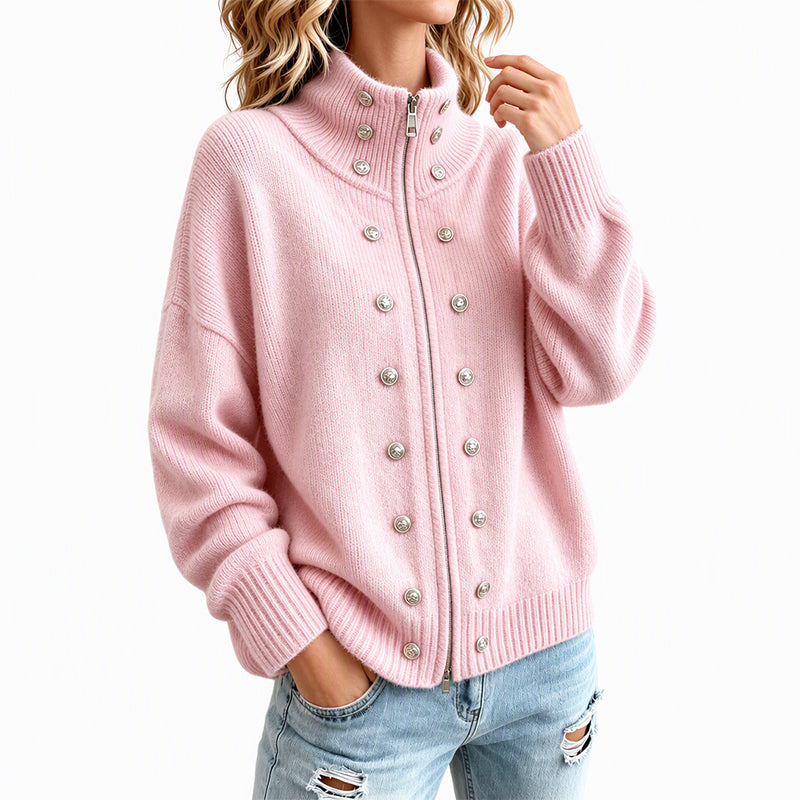 Léane - Cardigan femme en maille à col montant et boutons décoratifs