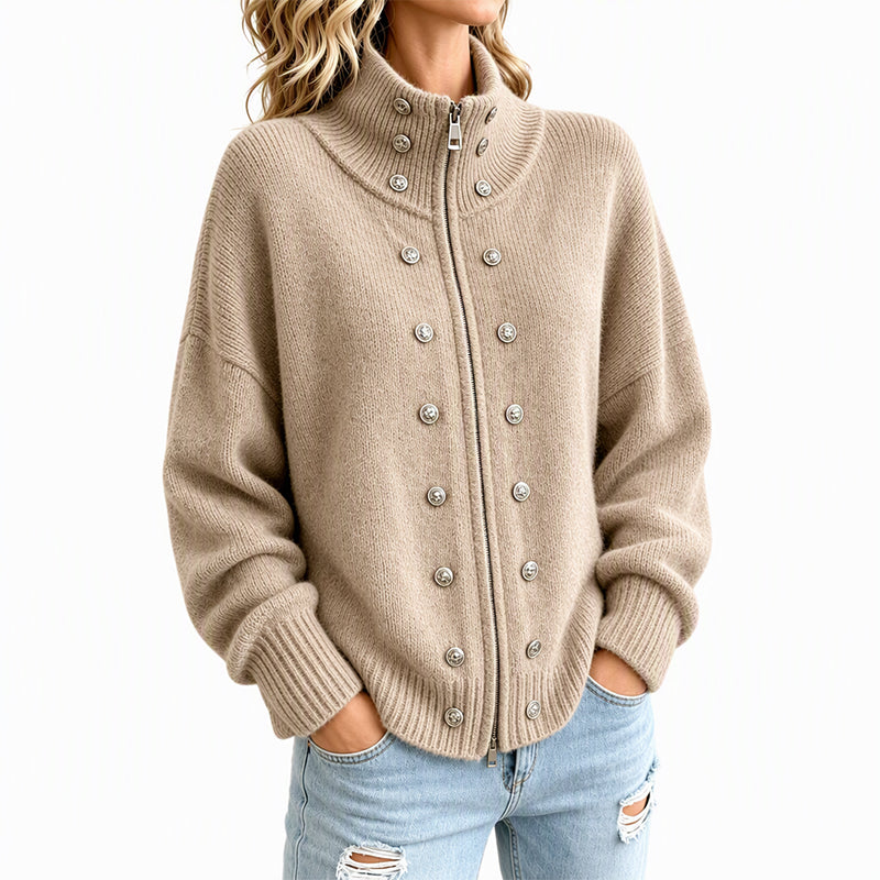 Léane - Cardigan femme en maille à col montant et boutons décoratifs