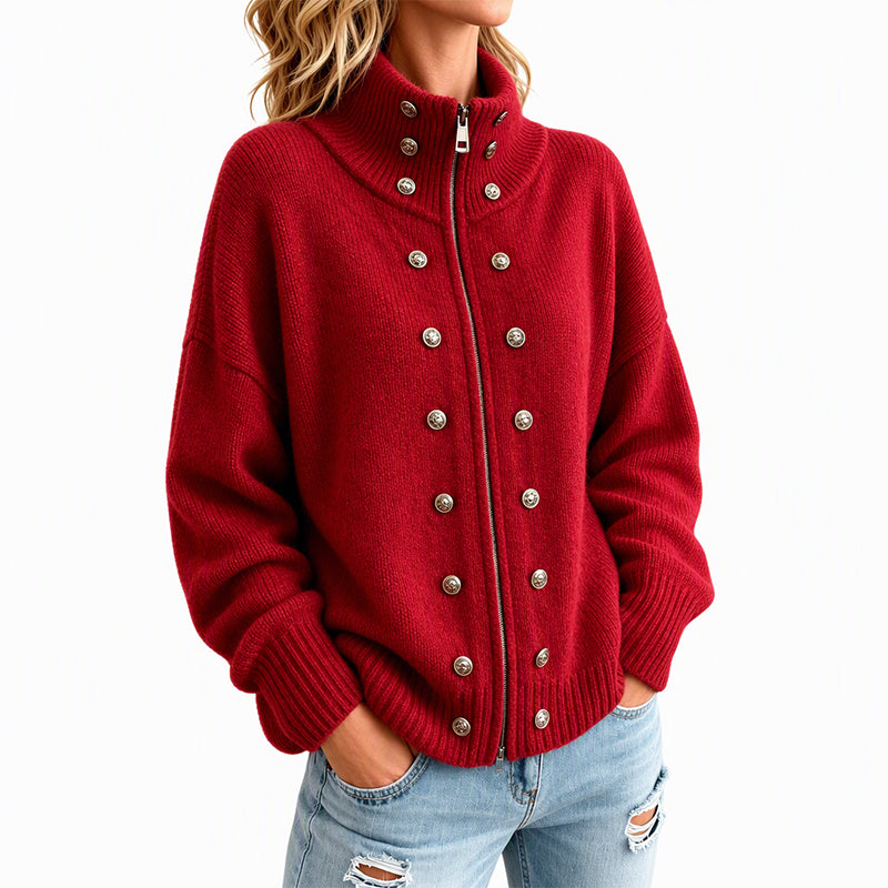 Léane - Cardigan femme en maille à col montant et boutons décoratifs