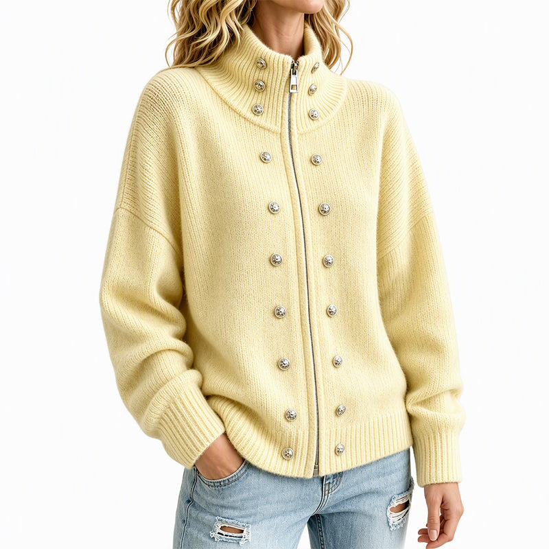 Léane - Cardigan femme en maille à col montant et boutons décoratifs