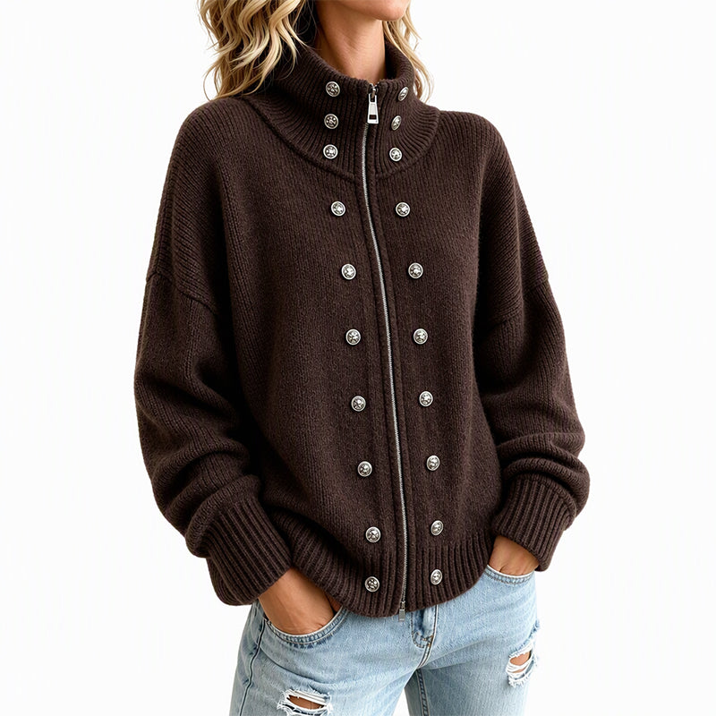 Léane - Cardigan femme en maille à col montant et boutons décoratifs