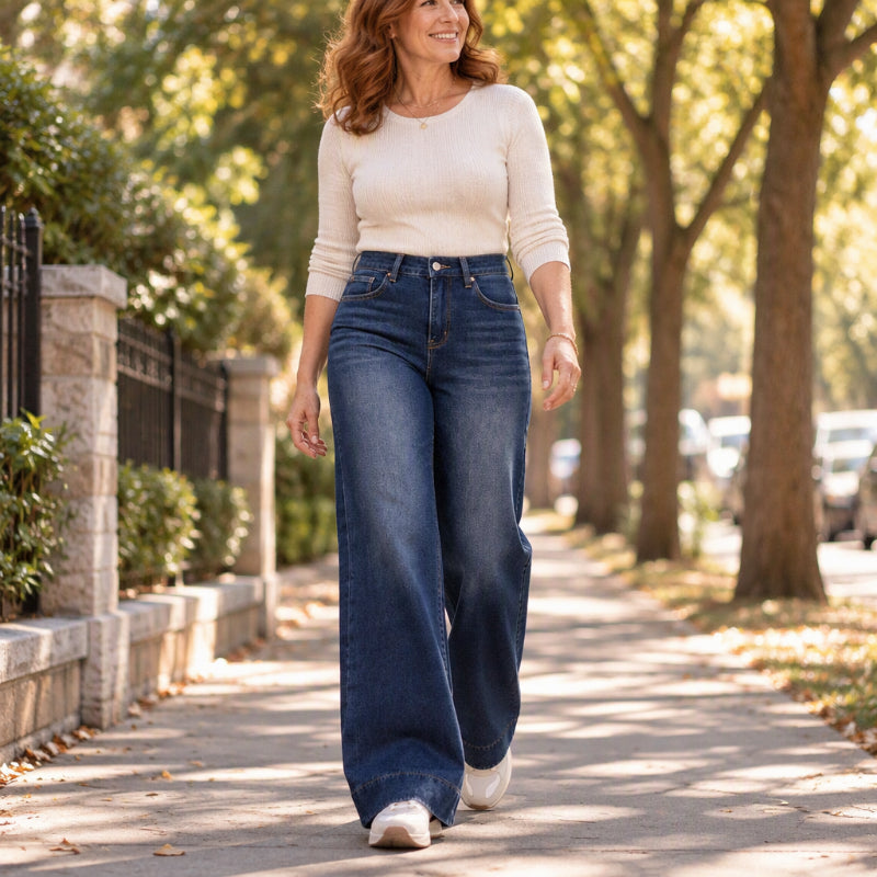 Azeline - Jean large femme à taille haute en denim style décontracté