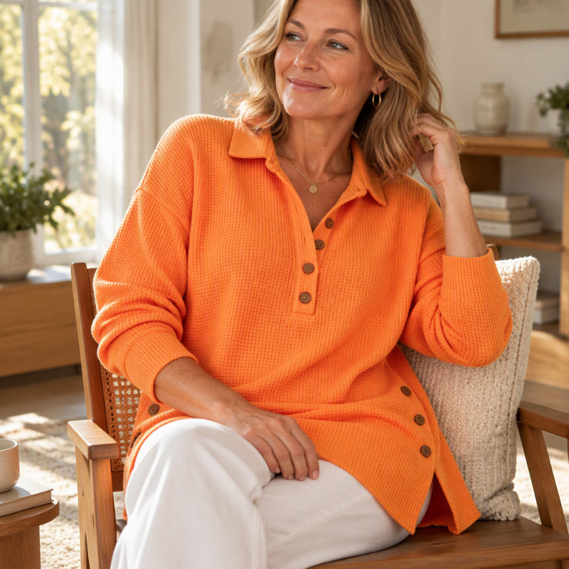 Fieneke - Haut femme en maille gaufrée à col polo et manches longues