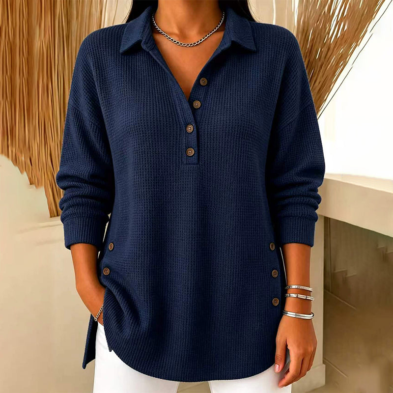 Fieneke - Haut femme en maille gaufrée à col polo et manches longues