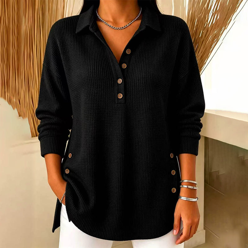 Fieneke - Haut femme en maille gaufrée à col polo et manches longues