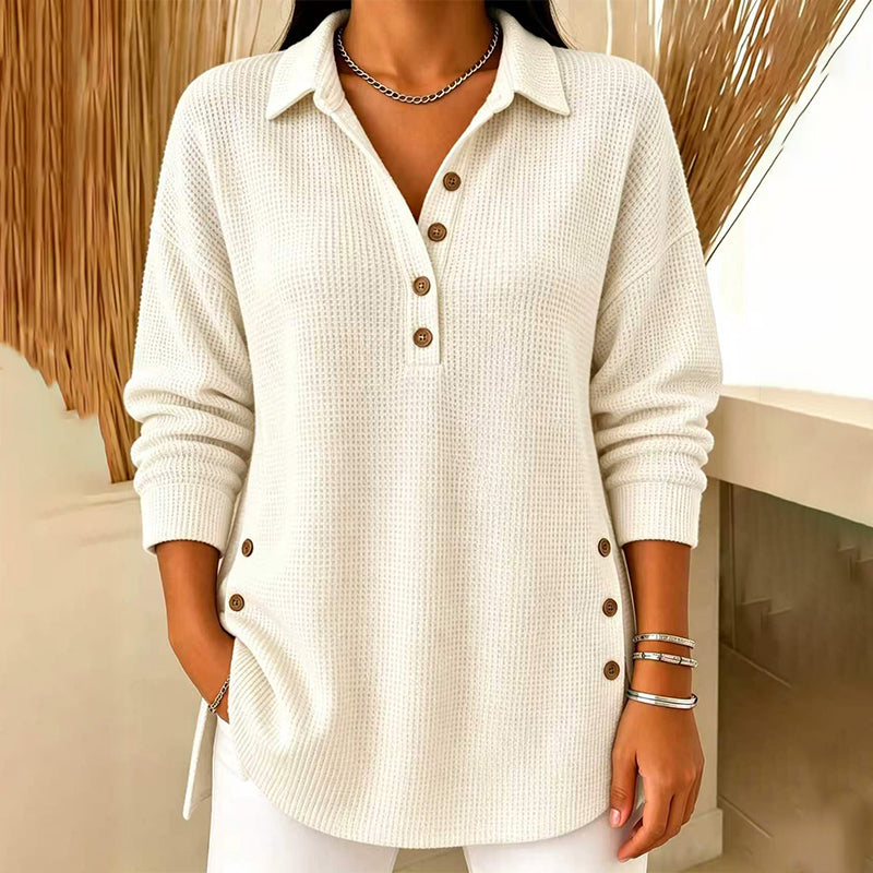 Fieneke - Haut femme en maille gaufrée à col polo et manches longues