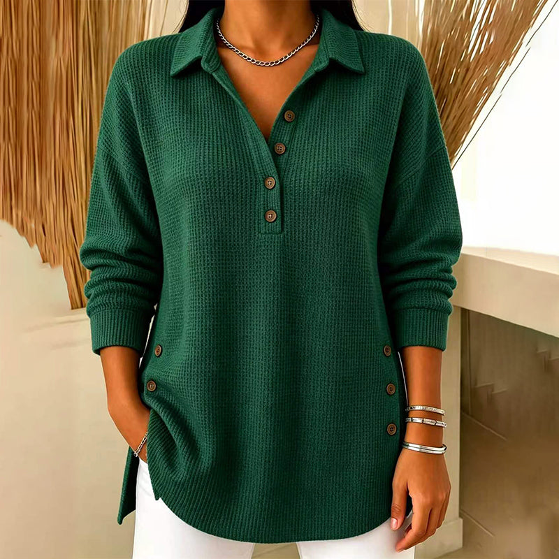 Fieneke - Haut femme en maille gaufrée à col polo et manches longues