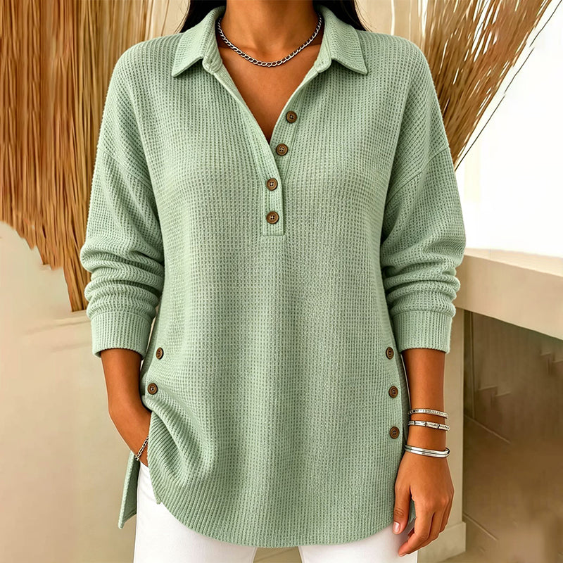 Fieneke - Haut femme en maille gaufrée à col polo et manches longues