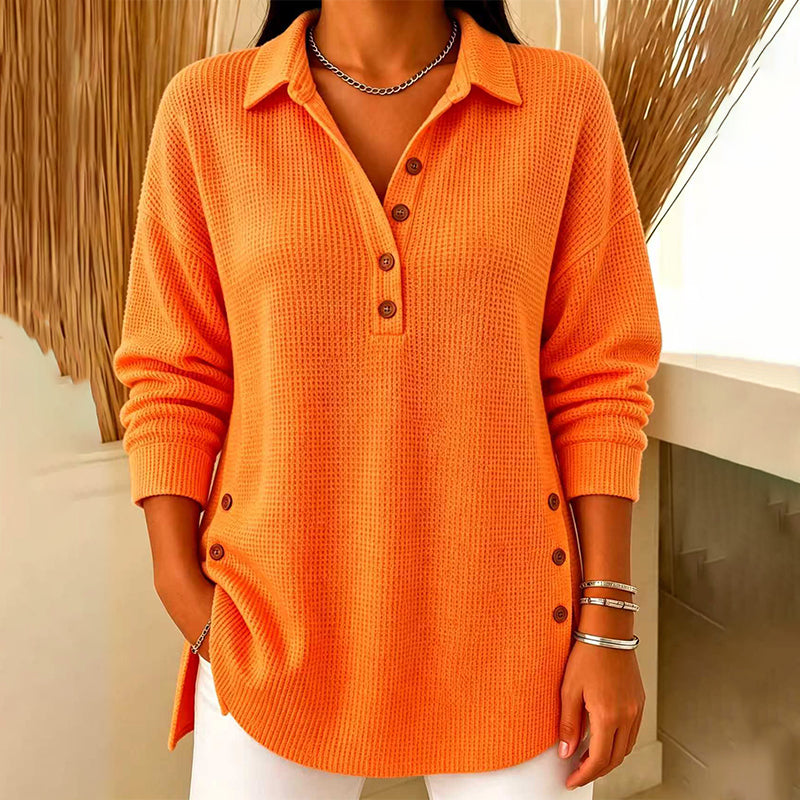 Fieneke - Haut femme en maille gaufrée à col polo et manches longues