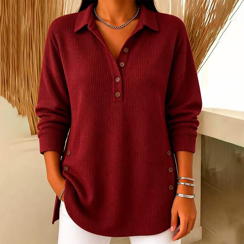 Fieneke - Haut femme en maille gaufrée à col polo et manches longues