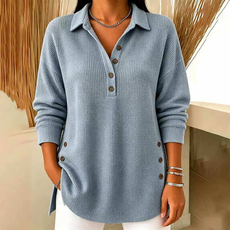 Fieneke - Haut femme en maille gaufrée à col polo et manches longues